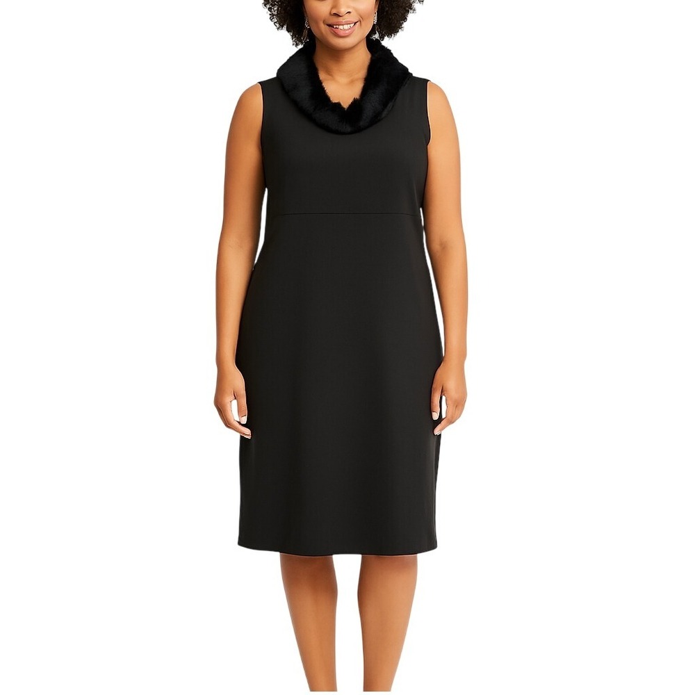 Richard Malcolm Dress Black Faux Fur Collar Sleeveless LBD Stretch Chic Size 10‎
